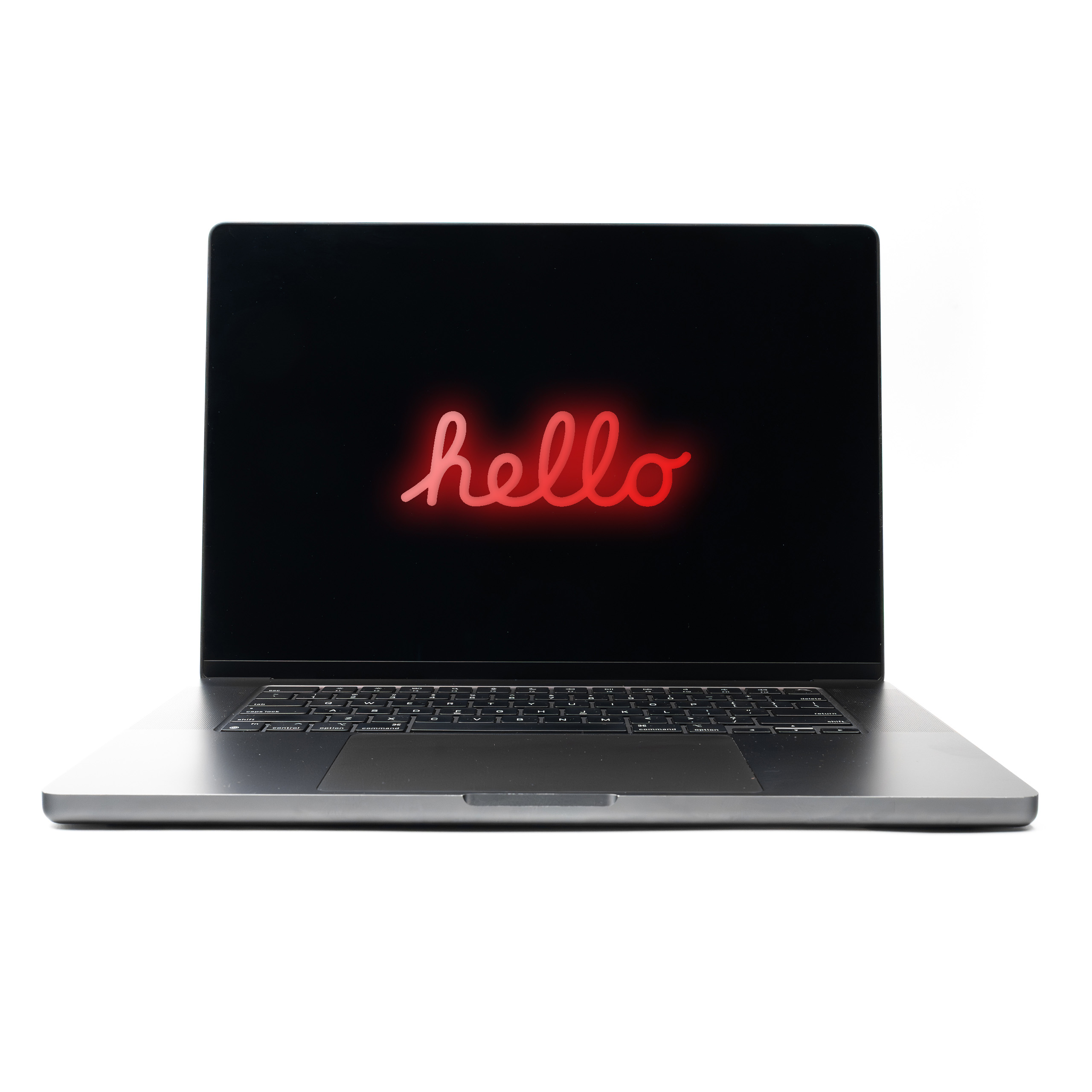 MacBook Pro 16 M3 Max Space Black z czerwonym neonowym napisem Hello na ekranie