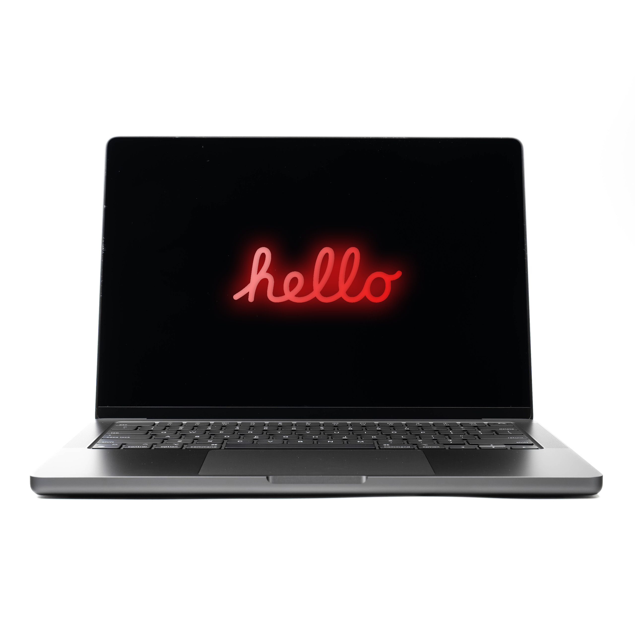 MacBook Pro 14 M4 Max Space Black z czerwonym neonowym napisem Hello na ekranie