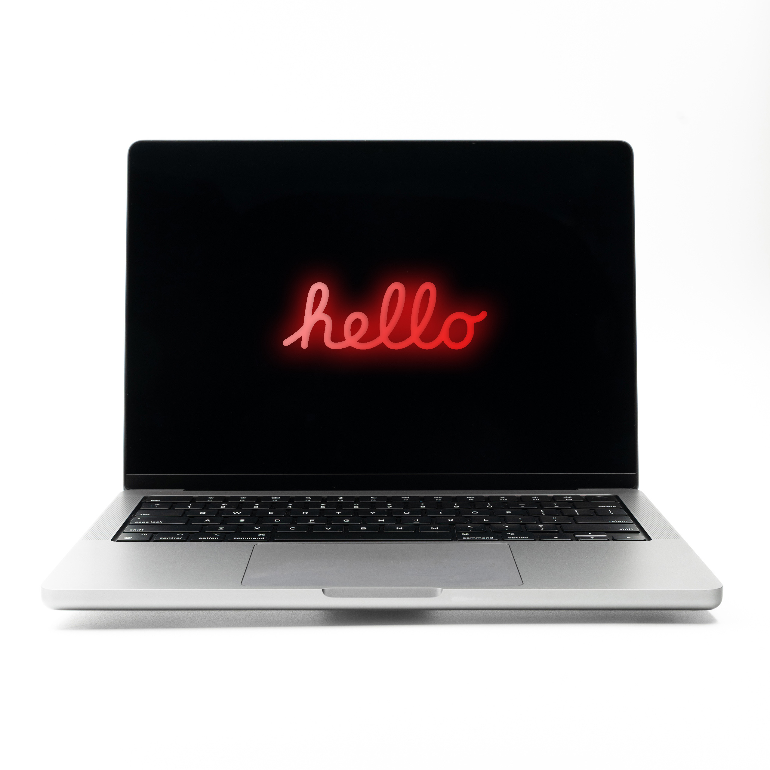 MacBook Pro 14 M2 Max Space Grey z czerwonym neonowym napisem Hello na ekranie