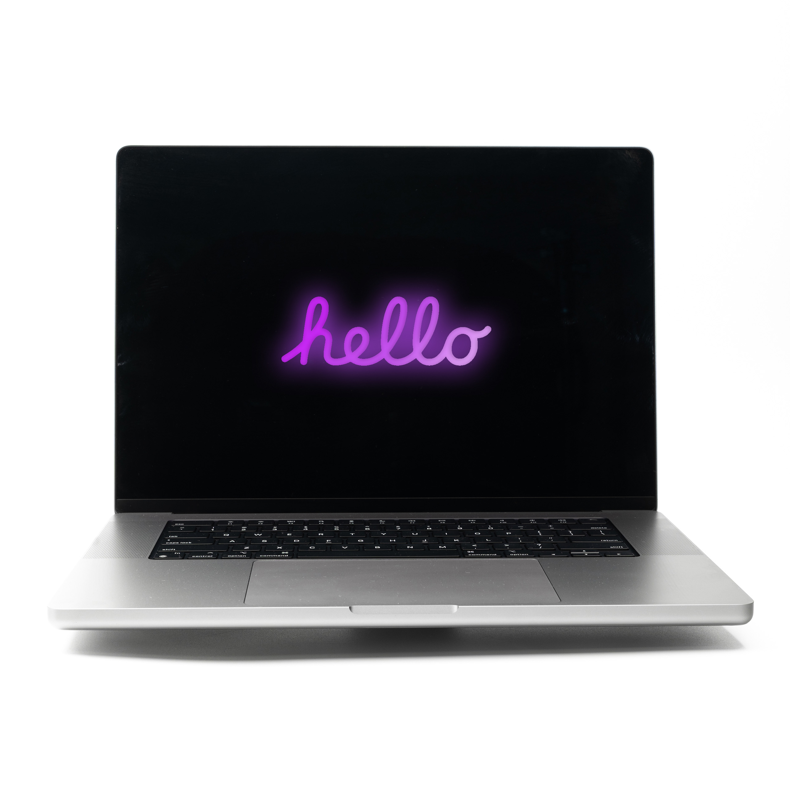 MacBook Pro 16 M2 Max Space Grey z fioletowym neonowym napisem Hello na ekranie