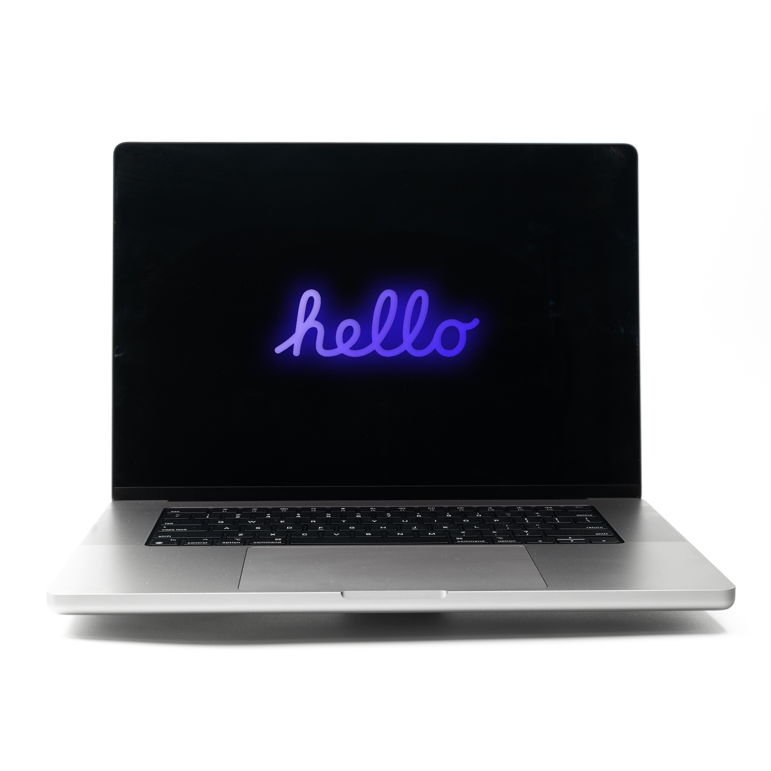 MacBook Pro 16 M2 Max Space Grey z granatowym neonowym napisem Hello na ekranie