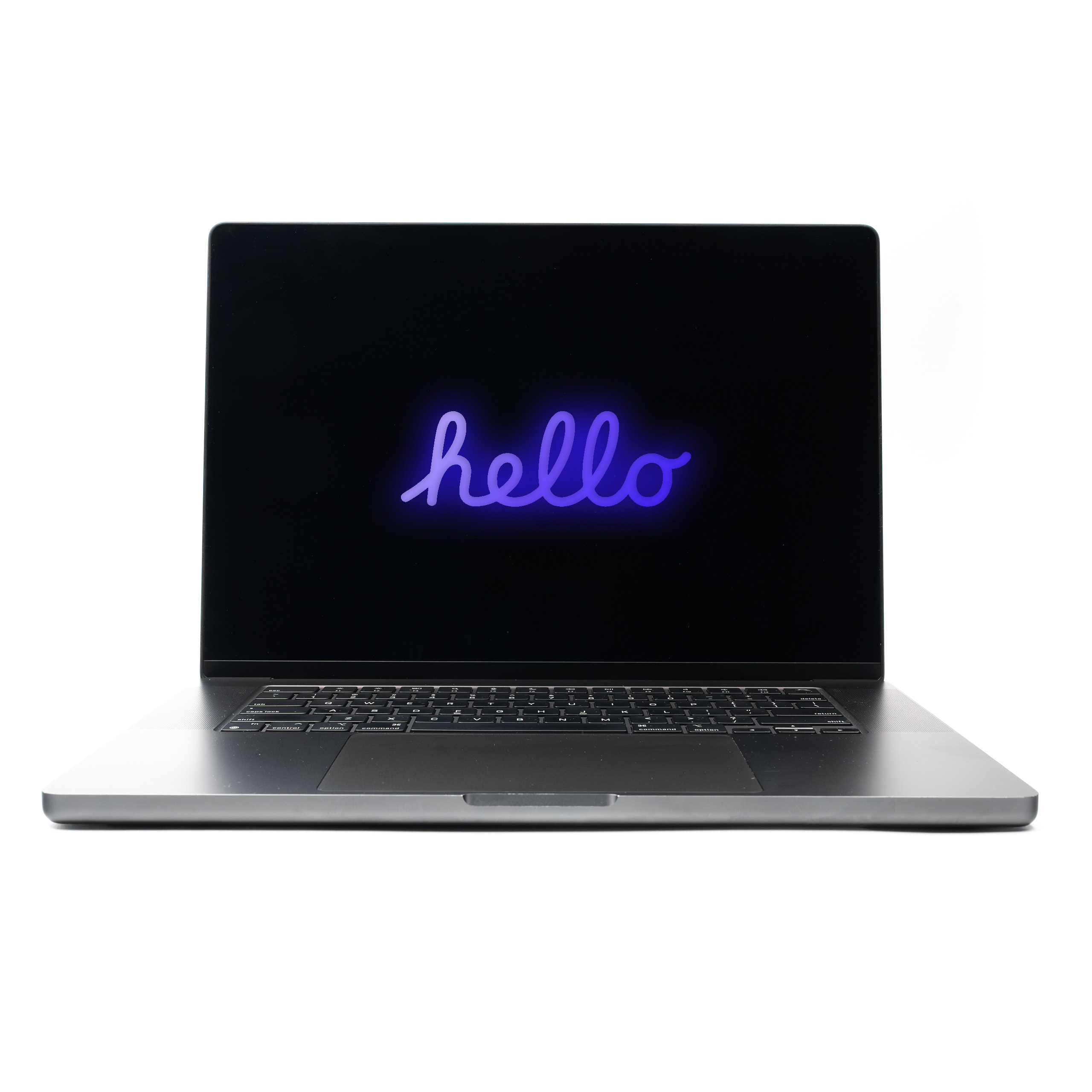 MacBook Pro 16 M3 Pro Space Black z granatowym neonowym napisem Hello na ekranie