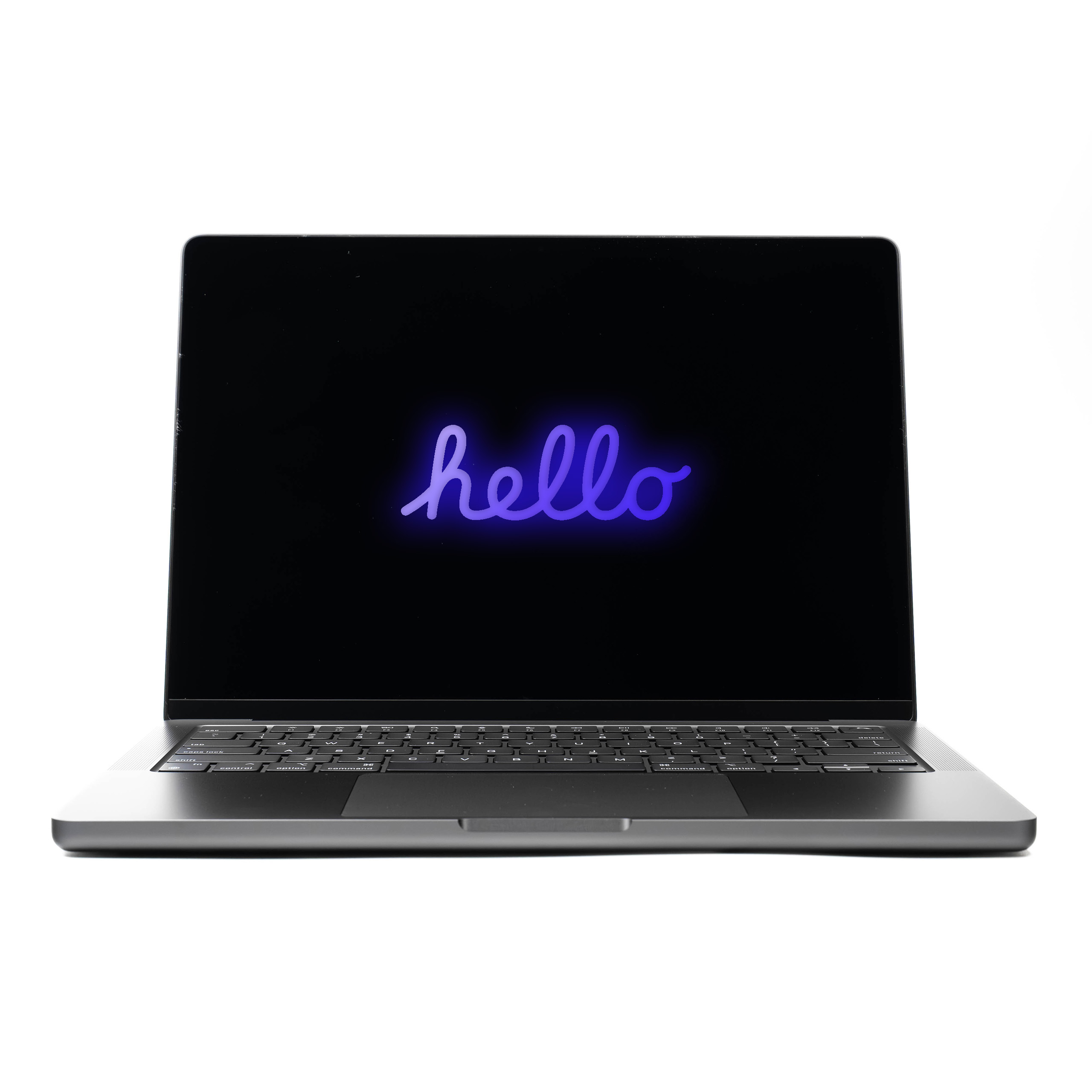 MacBook Pro 14 M4 Pro Space Black z granatowym neonowym napisem Hello na ekranie