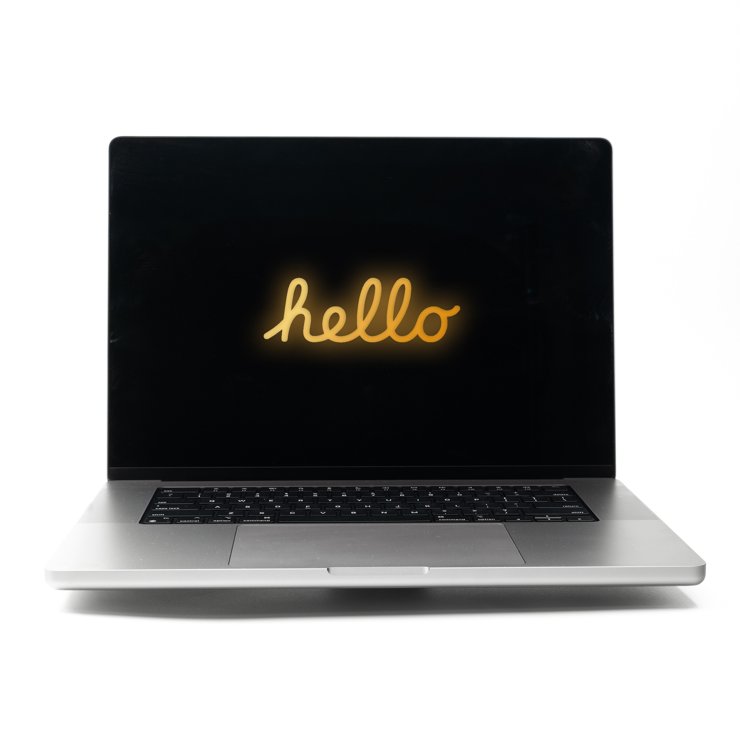 MacBook Pro 16 M2 Max Space Grey z pomarańczowym neonowym napisem Hello na ekranie