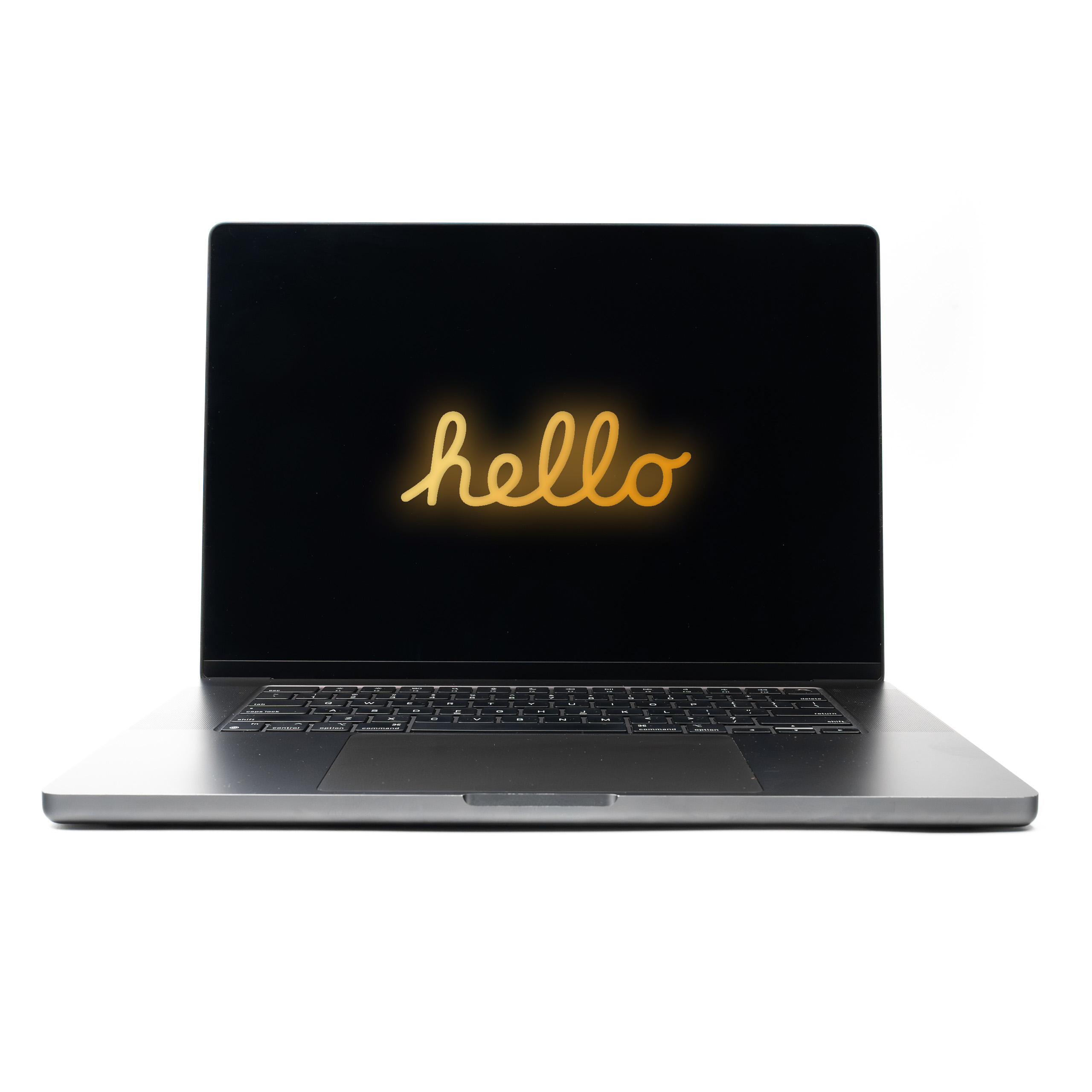 MacBook Pro 16 M4 Max Space Black z pomarańczowym neonowym napisem Hello na ekranie