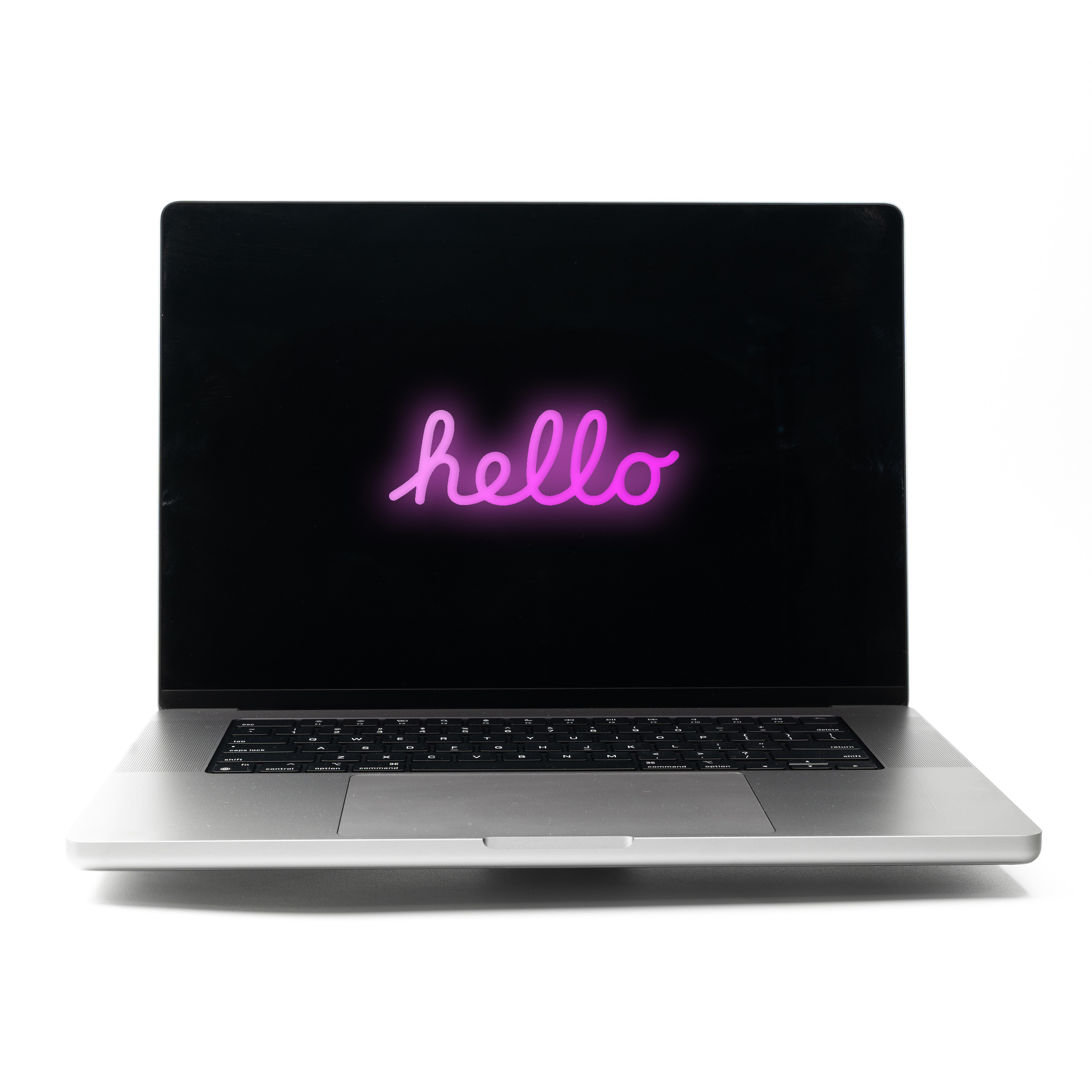 MacBook Pro 16 M2 Pro Space Grey z różowym neonowym napisem Hello na ekranie