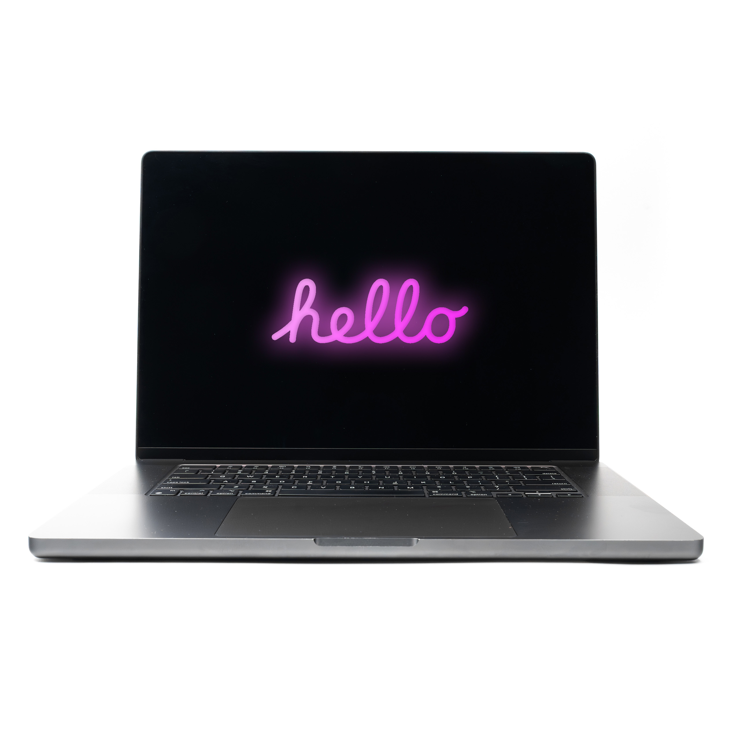 MacBook Pro 16 M3 Pro Space Black z różowym neonowym napisem Hello na ekranie