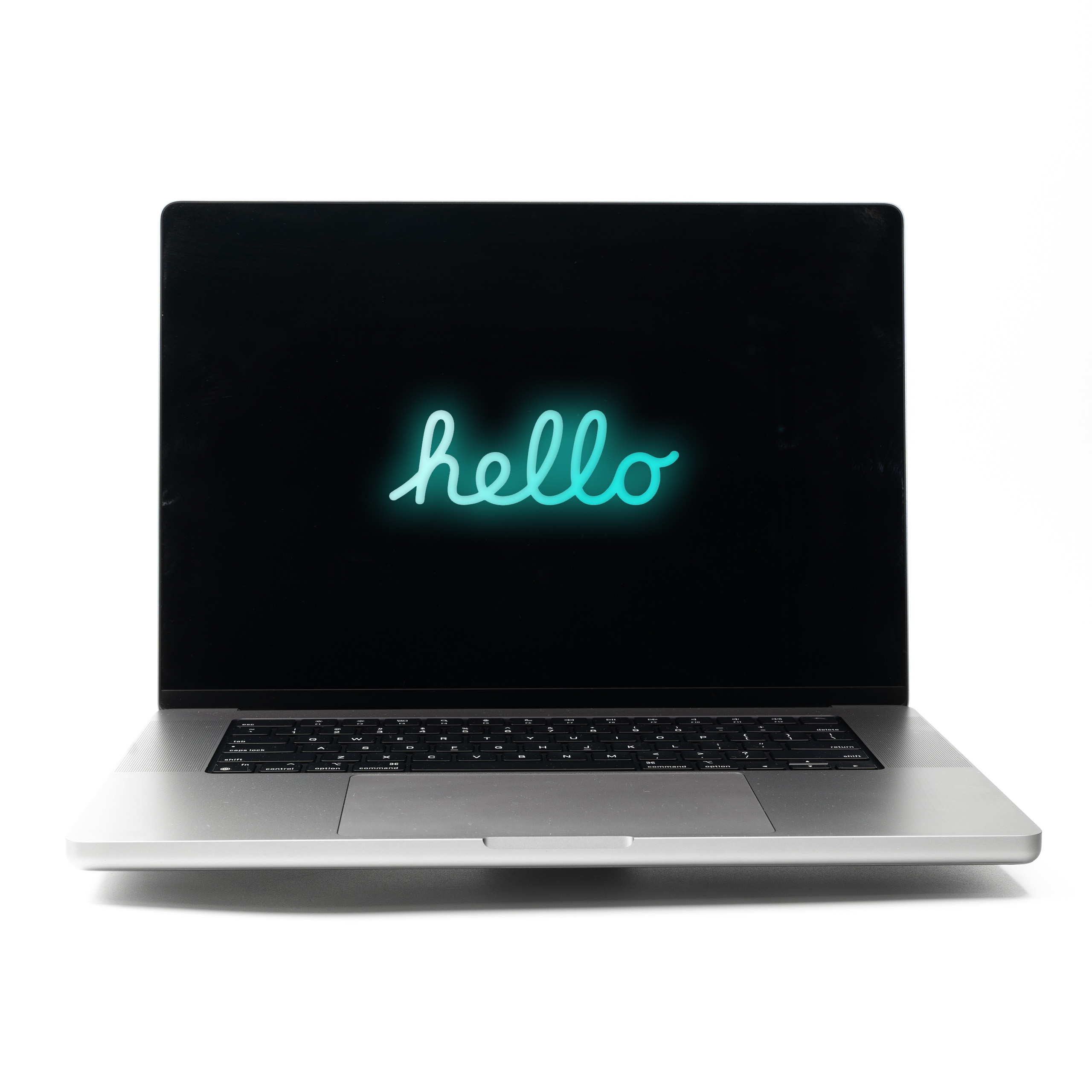 MacBook Pro 16 M2 Max Space Grey z turkusowym neonowym napisem Hello na ekranie
