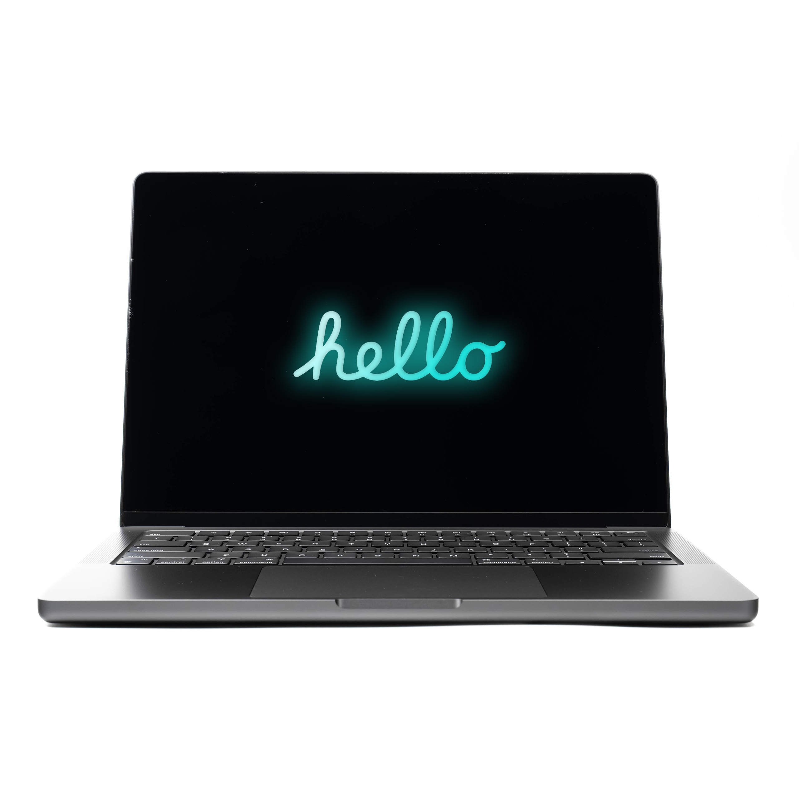 MacBook Pro 14 M4 Pro Space Black z turkusowym neonowym napisem Hello na ekranie