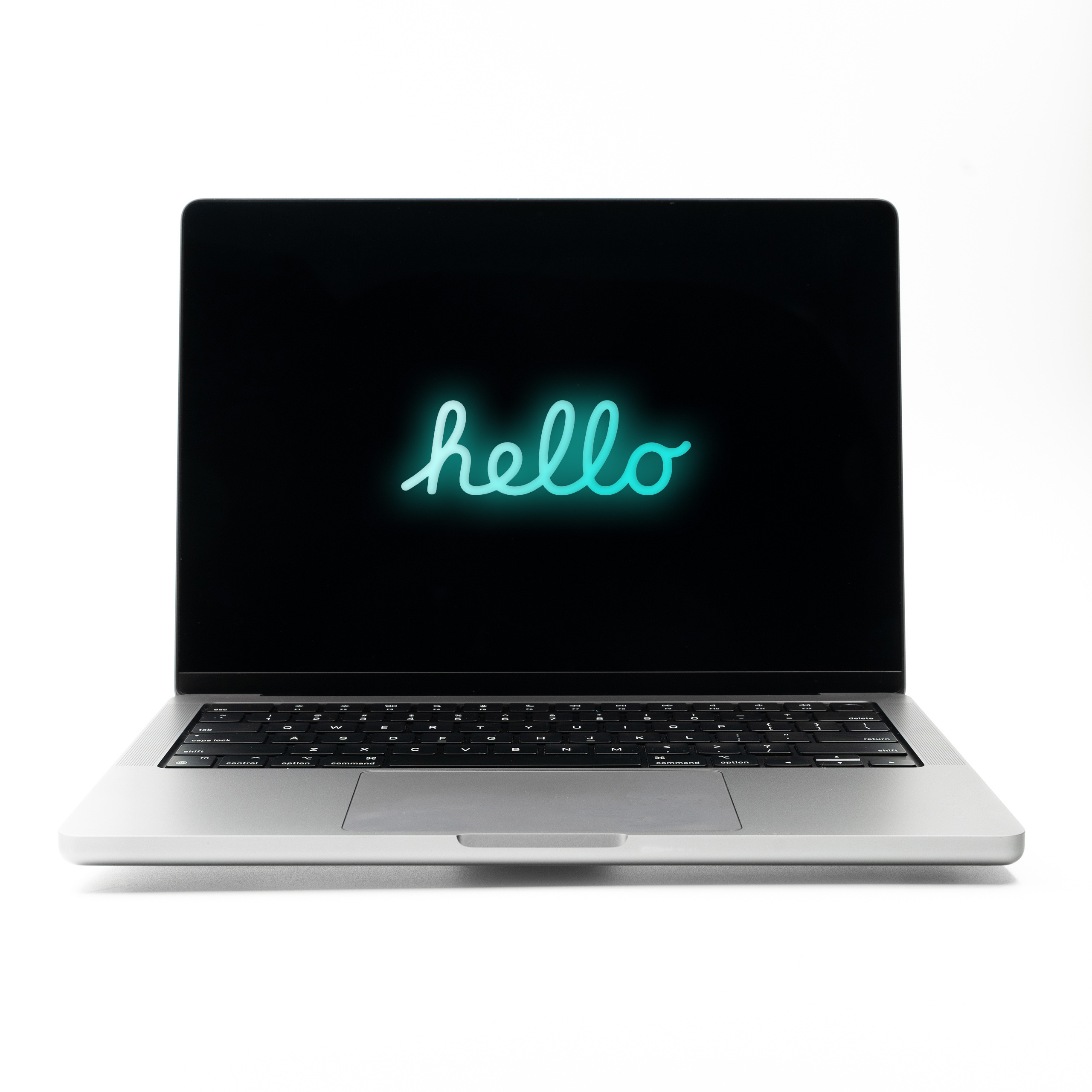 MacBook Pro 14 M2 Pro Space Grey z turkusowym neonowym napisem Hello na ekranie