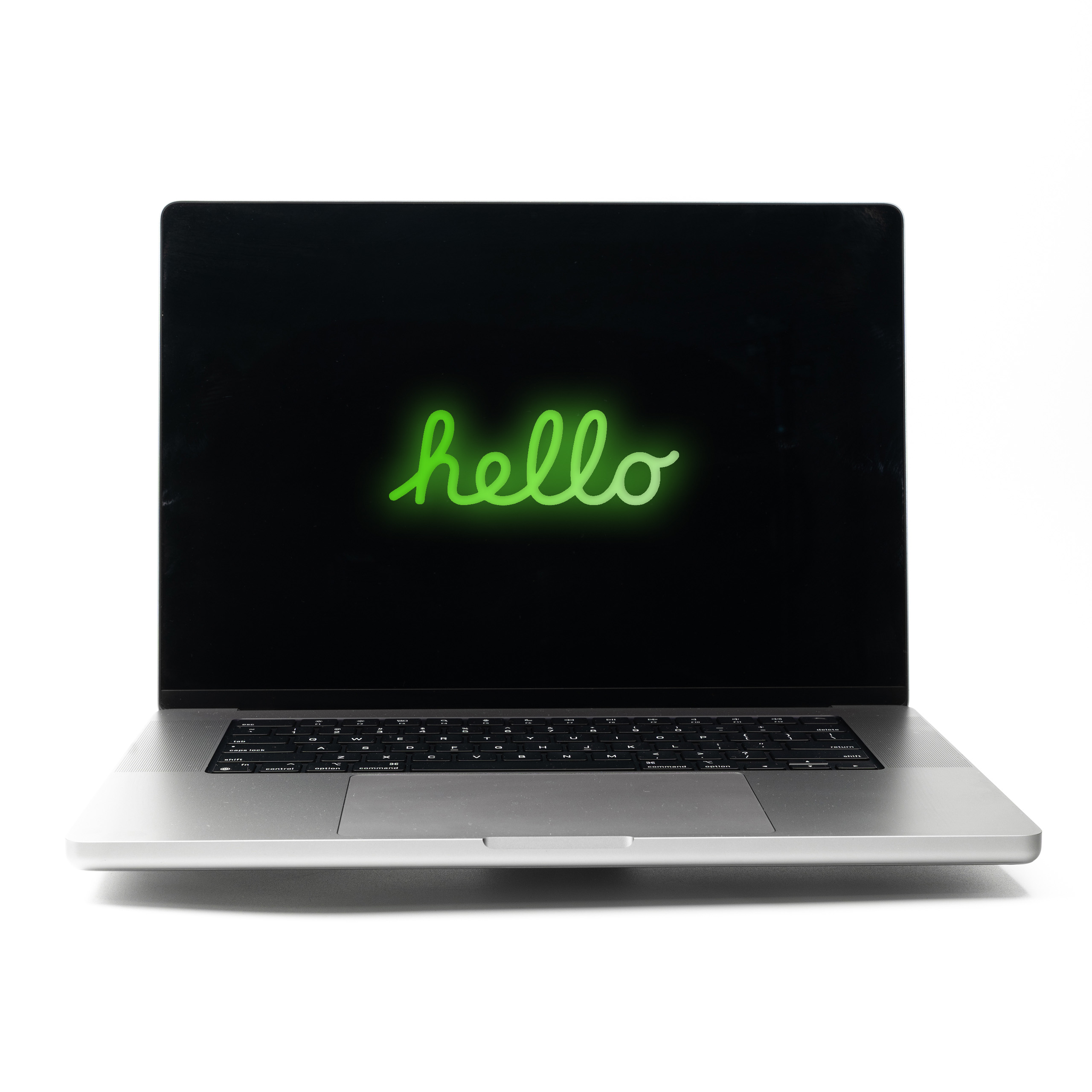 MacBook Pro 16 M2 Pro Space Grey z zielonym neonowym napisem Hello na ekranie