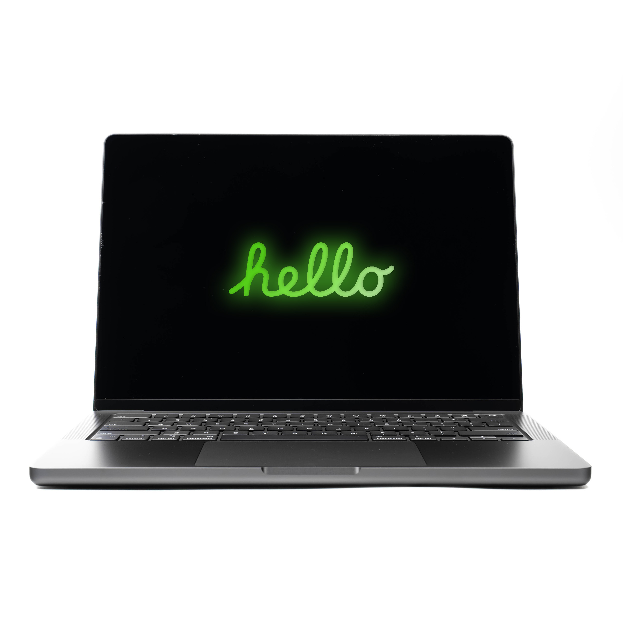 MacBook Pro 14 M3 Pro Space Black z zielonym neonowym napisem Hello na ekranie