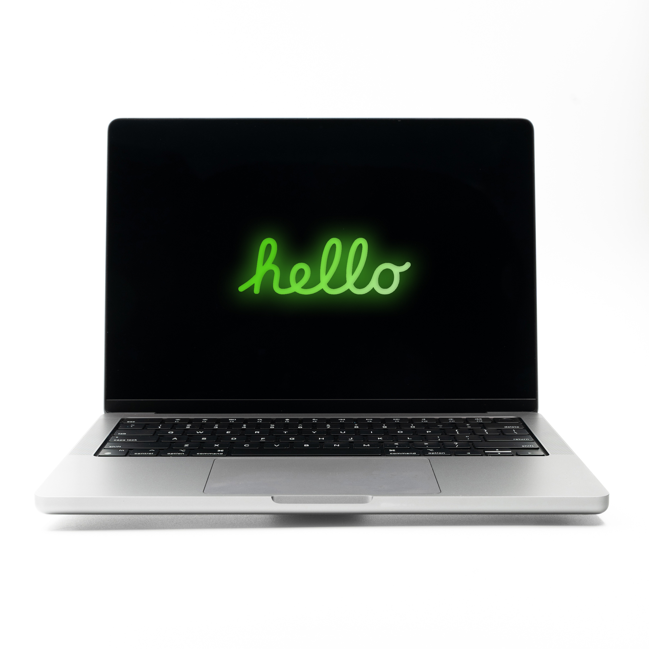 MacBook Pro 14 M2 Pro Space Grey z zielonym neonowym napisem Hello na ekranie