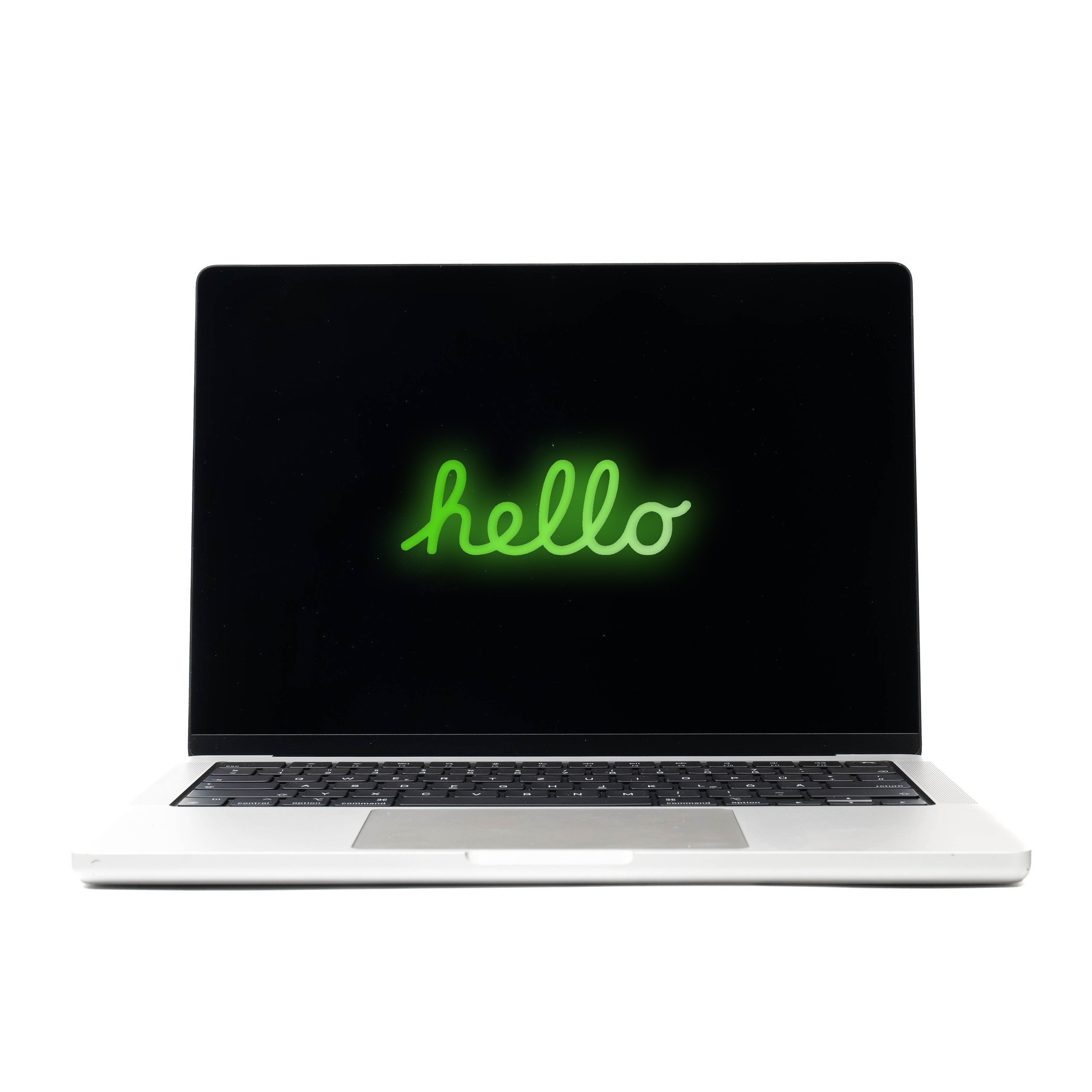 MacBook Pro 14 M2 Max Silver z zielonym neonowym napisem Hello na ekranie