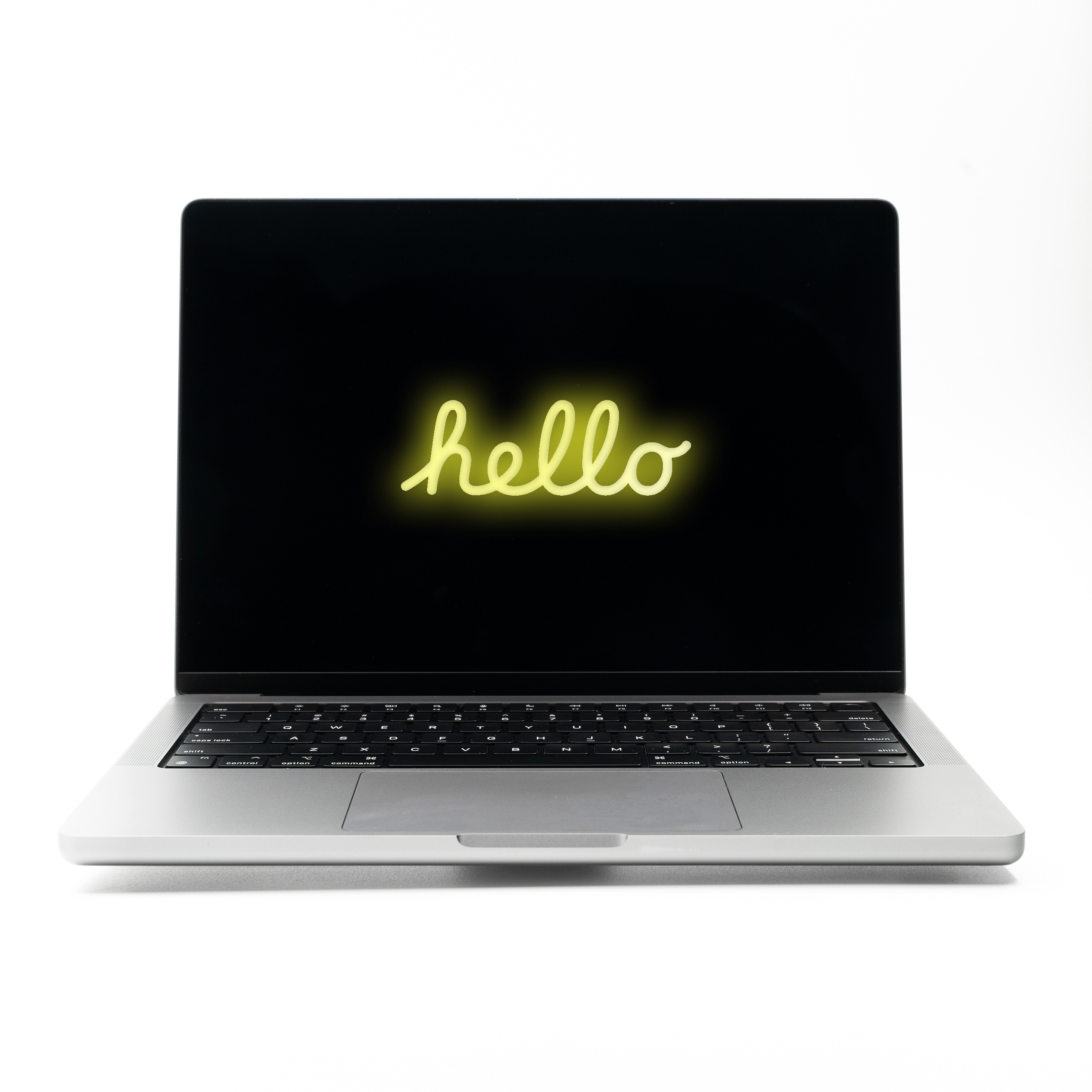 MacBook Pro 14 M2 Max Space Grey z żółtym neonowym napisem Hello na ekranie